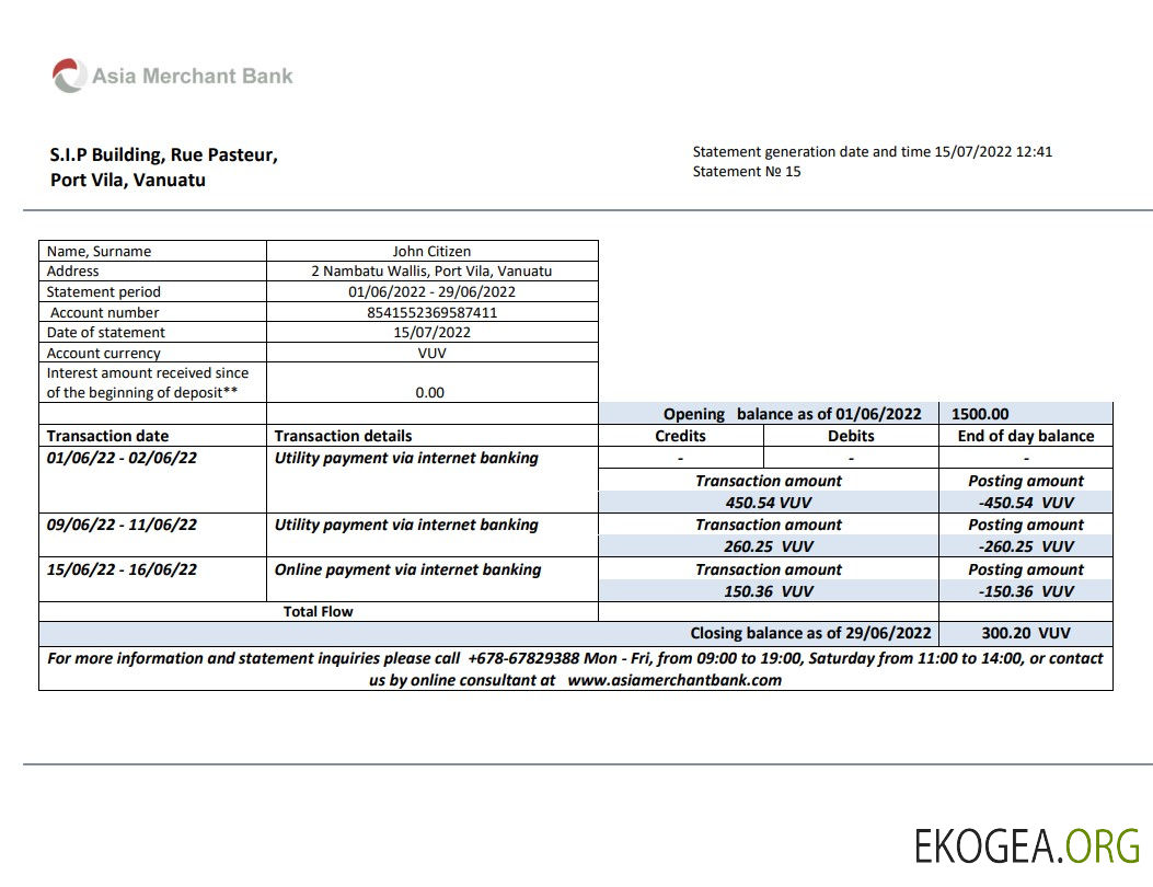 Relevé de banque marchande de Vanuatu Asie